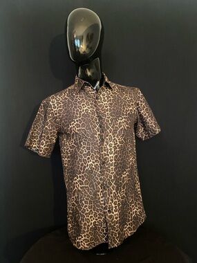 Men's Short-Sleeve Leopard Print Button-Down Shirt - Brown